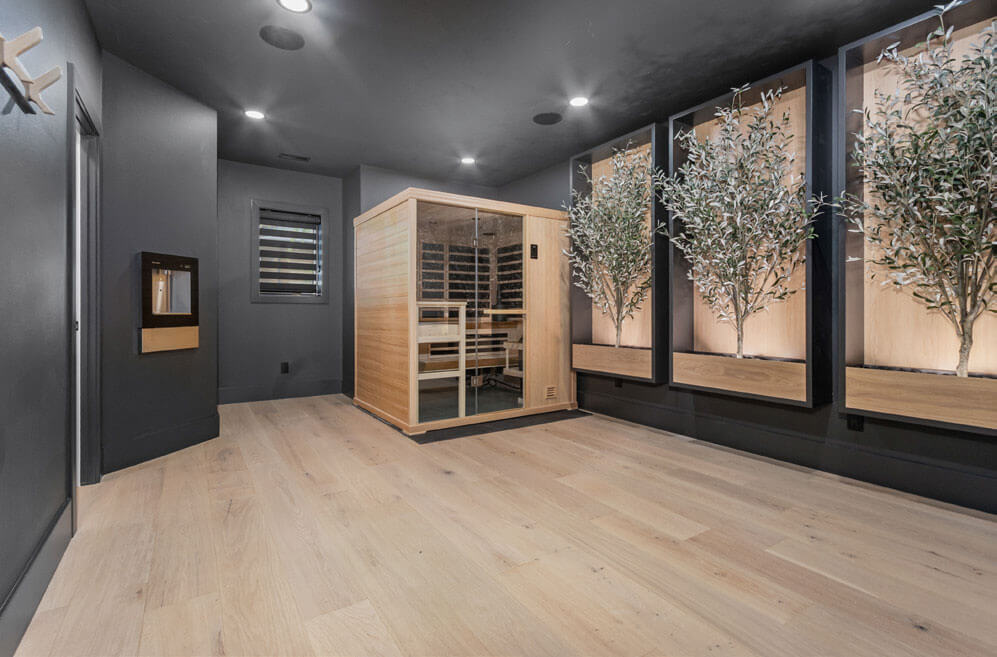 Home wellness room with sauna